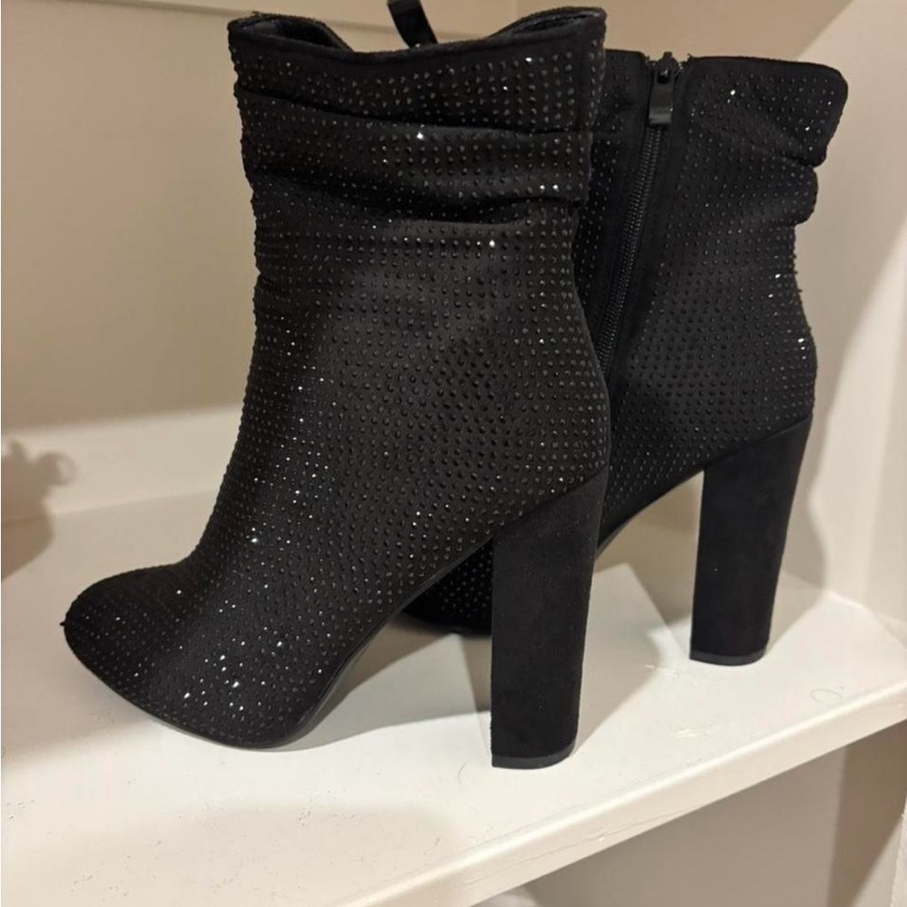 Black Rhinestone Suede Block Heel Ankle Boots - Women